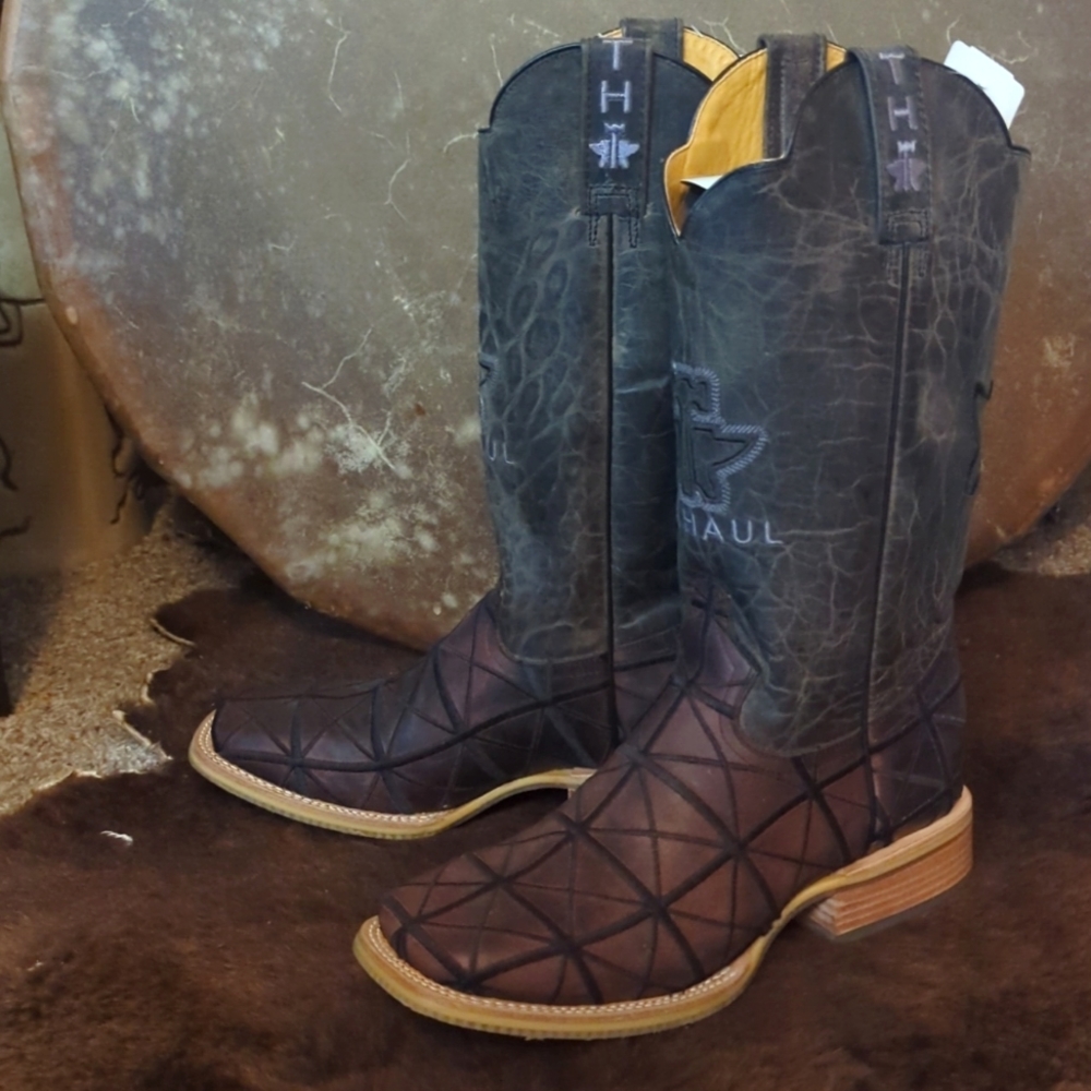 TIN HAUL "Derrick" Brown & black charcoal leather square toe cowboy boots sz 8EE - Picture 7 of 12